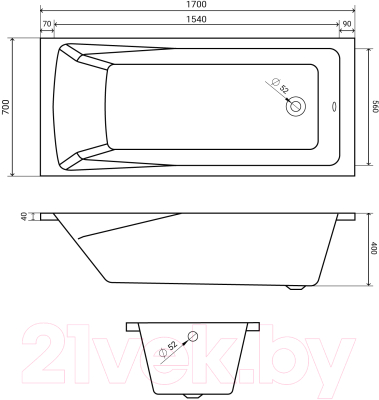Ванна акриловая Lauter Aurora 170x70 / 21010070 (с ножками и лицевым экраном)