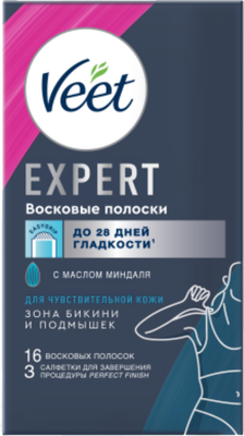 Восковые полоски Veet Expert для чувствительной кожи бикини и подмышек (16шт) - 